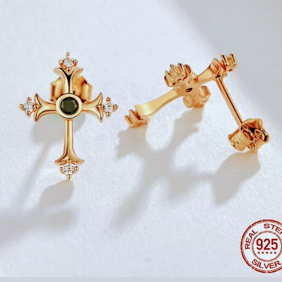 Rose gold cross with Onyx & Topaz earrings - Picture 3 of 6